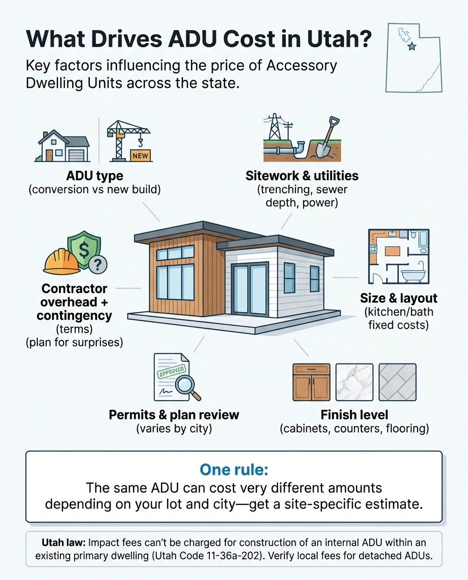 Factors that raise or lower Utah ADU cost: type, finishes, utilities, site work, permits, and city rules