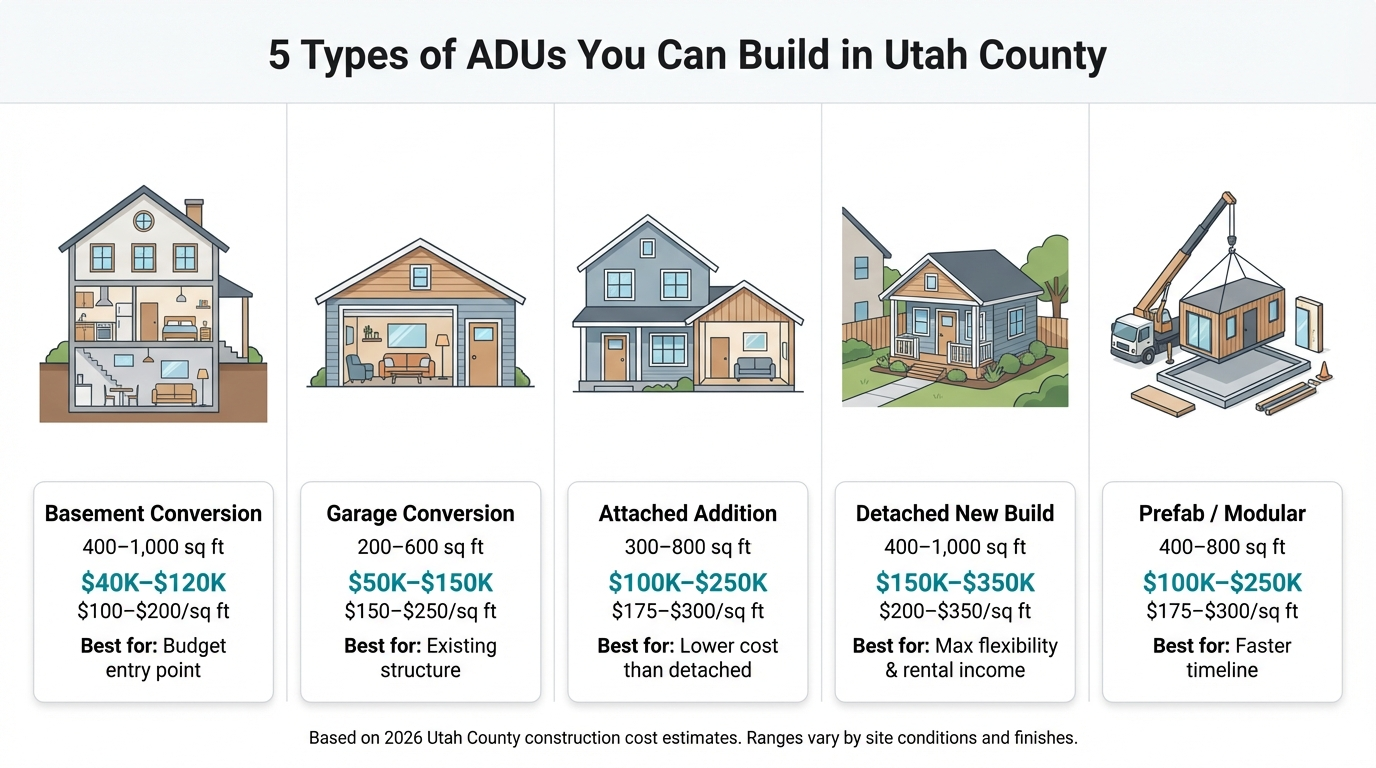 5 types of ADUs you can build in Utah County - basement conversion, garage conversion, attached addition, detached new build, and prefab modular with 2026 cost ranges
