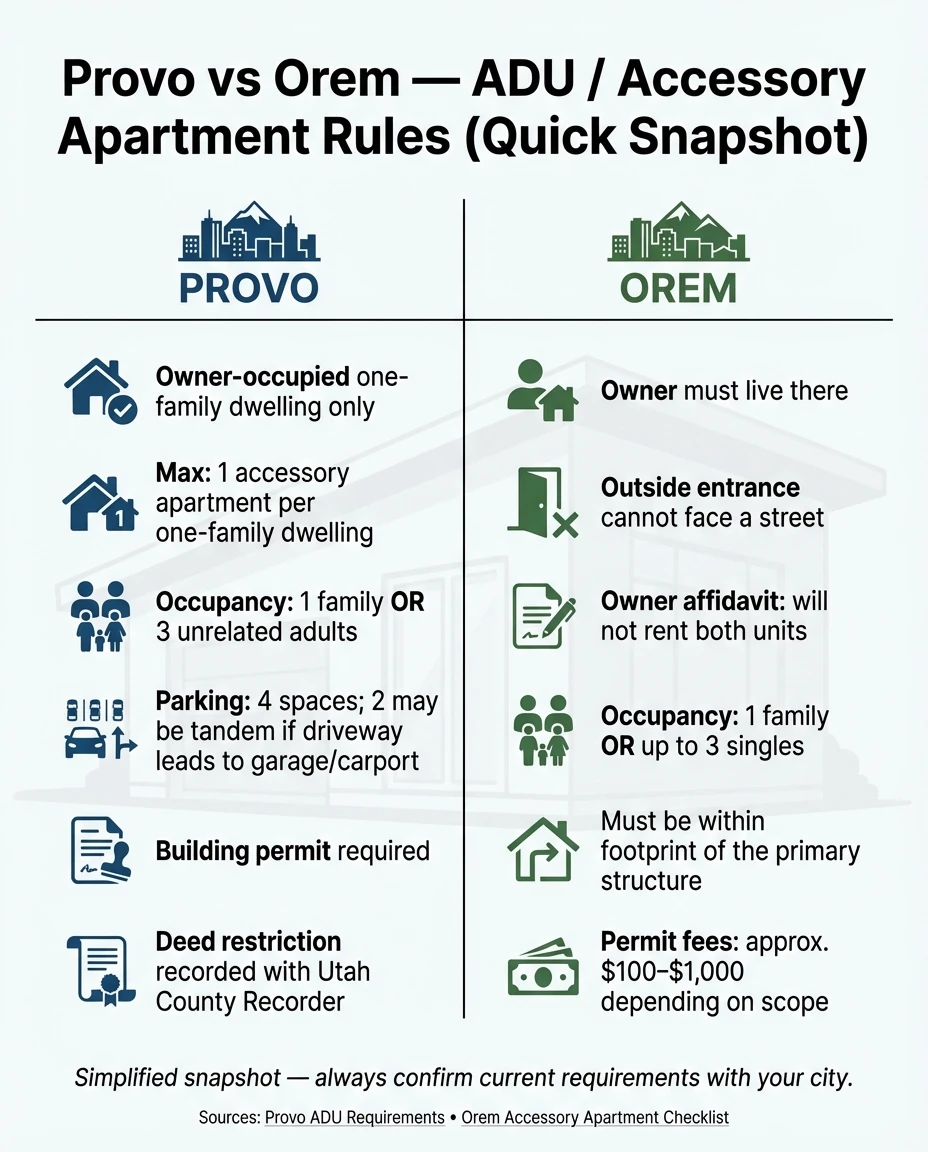 Provo vs Orem ADU and accessory apartment rules comparison - owner occupancy, parking, permits, occupancy limits, and deed restrictions