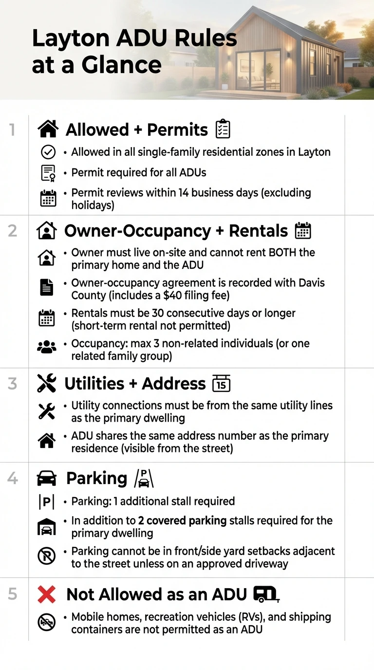 Layton Utah ADU rules at a glance — zoning permits owner occupancy parking requirements infographic