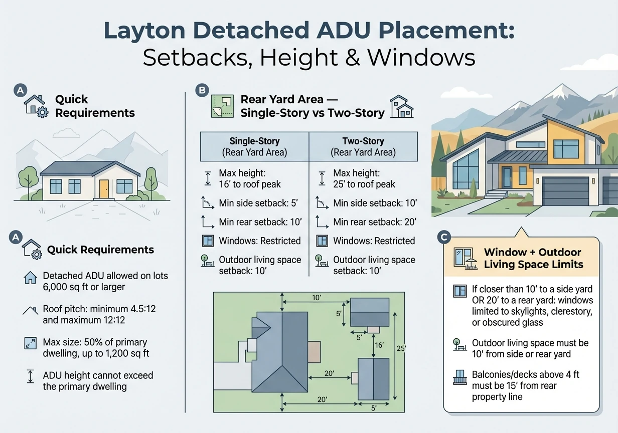 Layton detached ADU placement diagram showing setbacks height limits and window restrictions