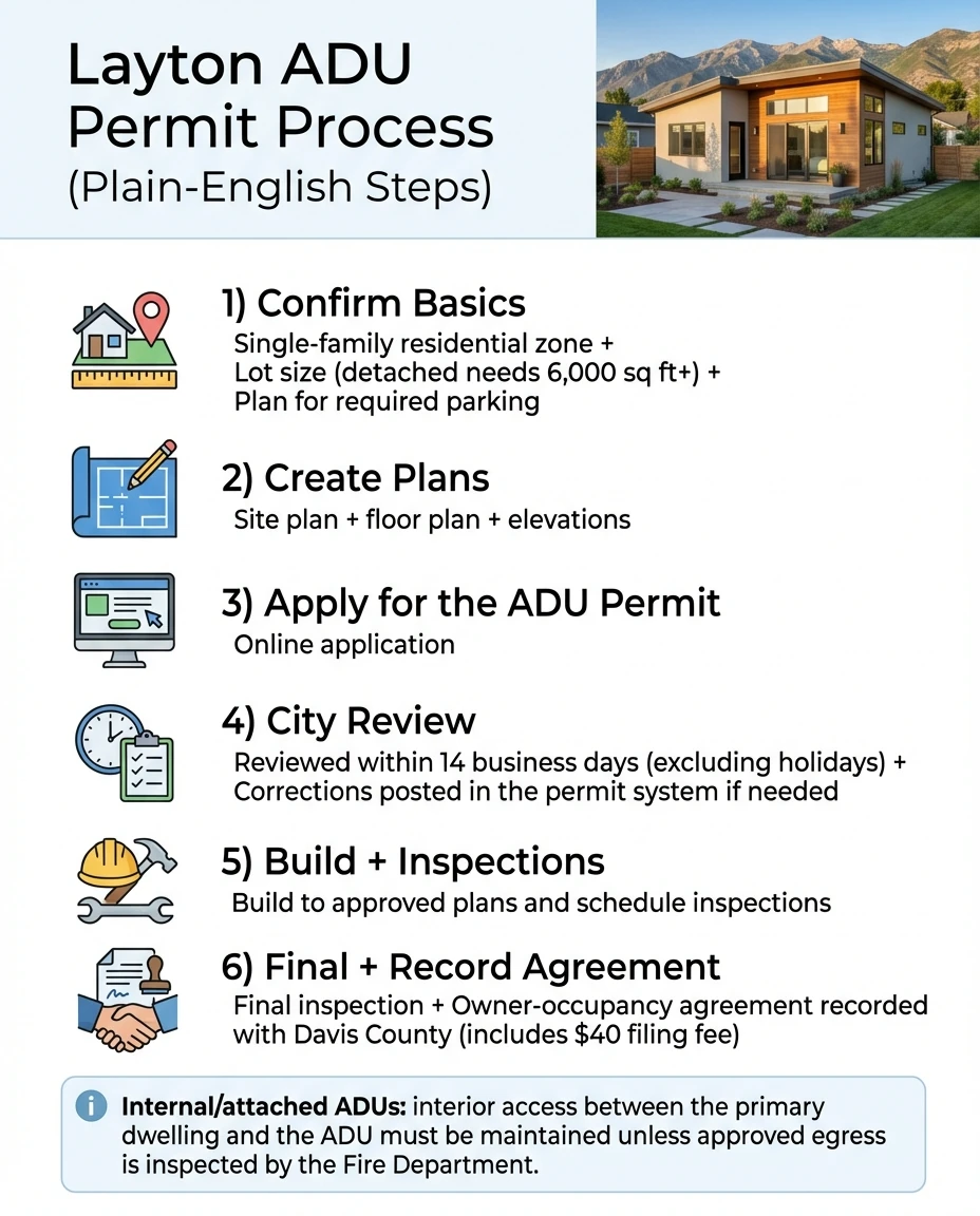 Layton Utah ADU permit process — 6 steps from basics to final inspection infographic