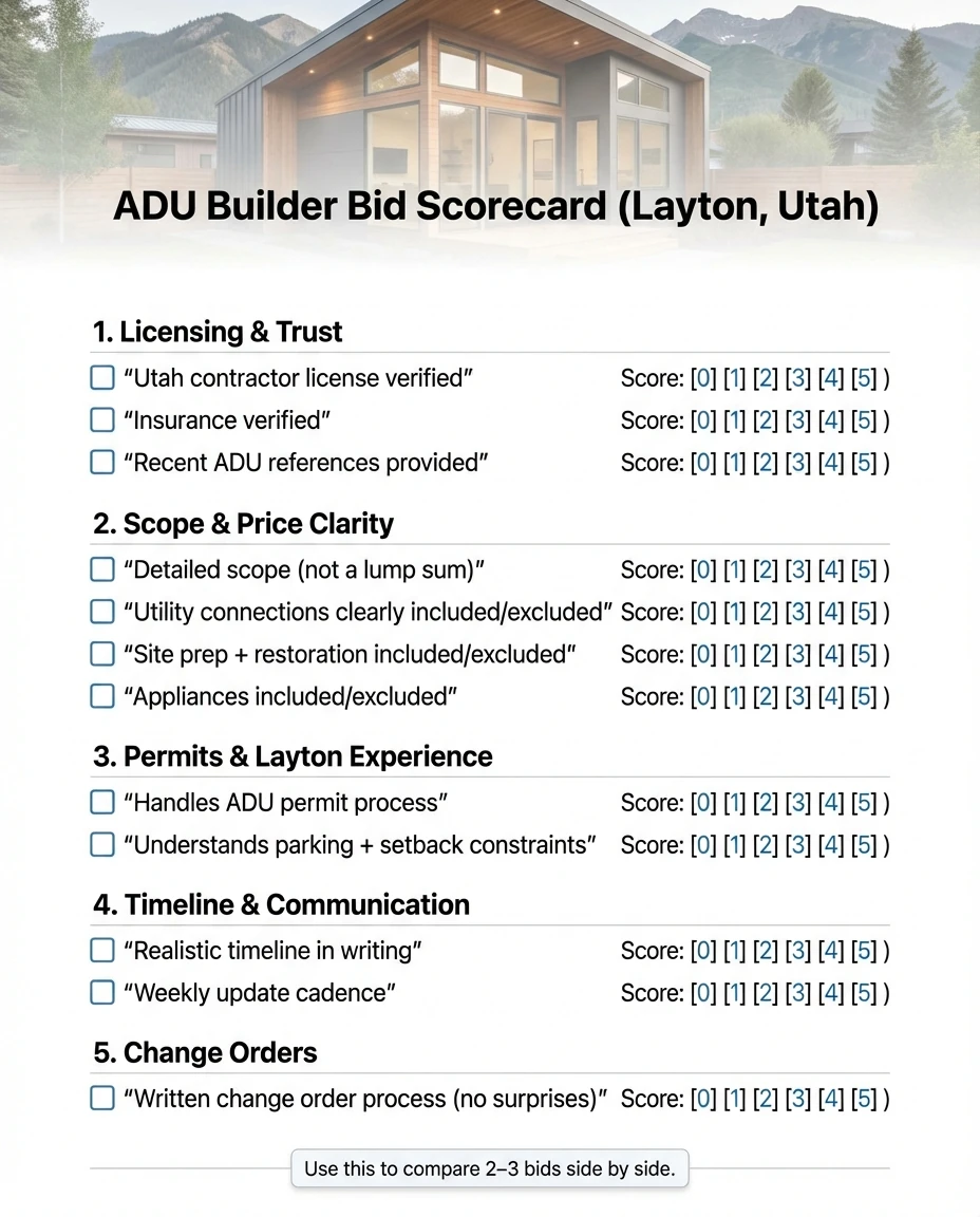 ADU builder bid scorecard for comparing Layton Utah contractors on licensing scope permits timeline
