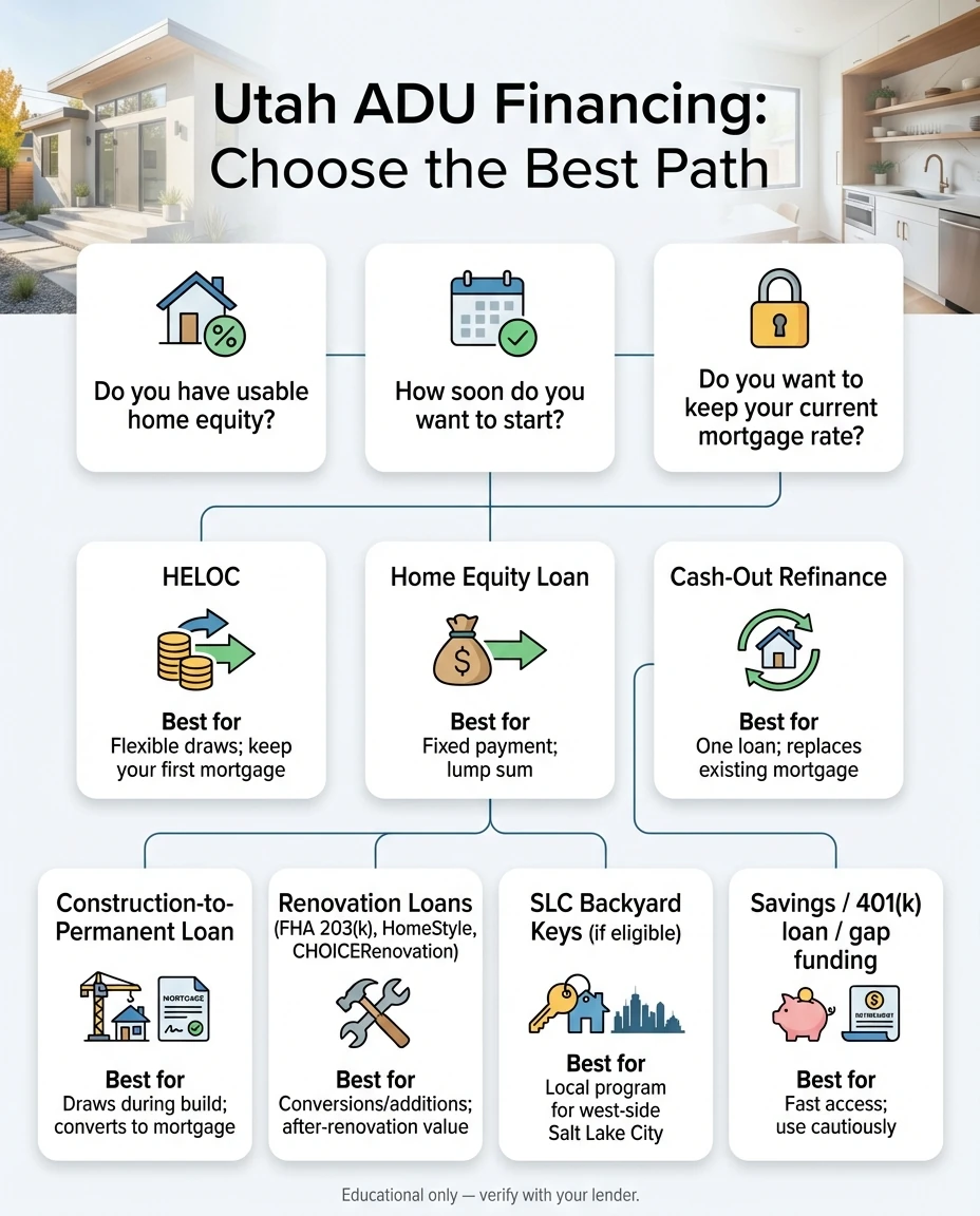 ADU financing options including HELOC, home equity loans, and construction loans for Utah homeowners