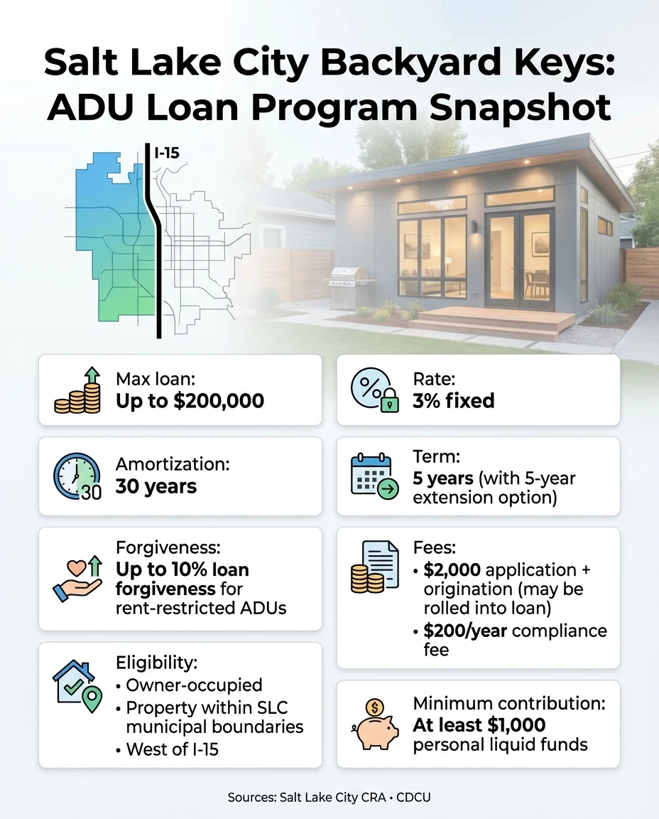 Utah ADU programs including Salt Lake City Backyard Keys and state-level financing incentives