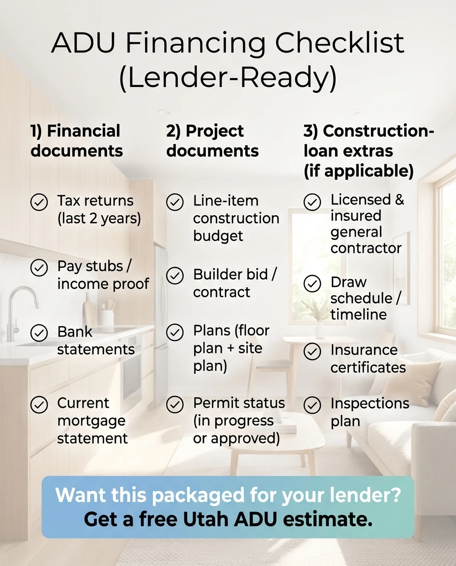 ADU financing checklist — lender-ready documents for financial, project, and construction loan requirements