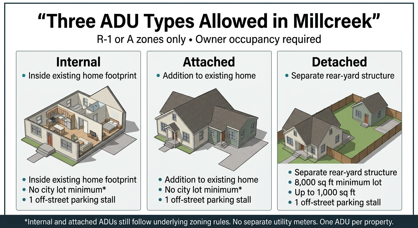 Three ADU types allowed in Millcreek Utah: Internal (inside existing home footprint), Attached (addition to existing home), and Detached (separate rear-yard structure up to 1,000 sq ft). R-1 or A zones only. Owner occupancy required.