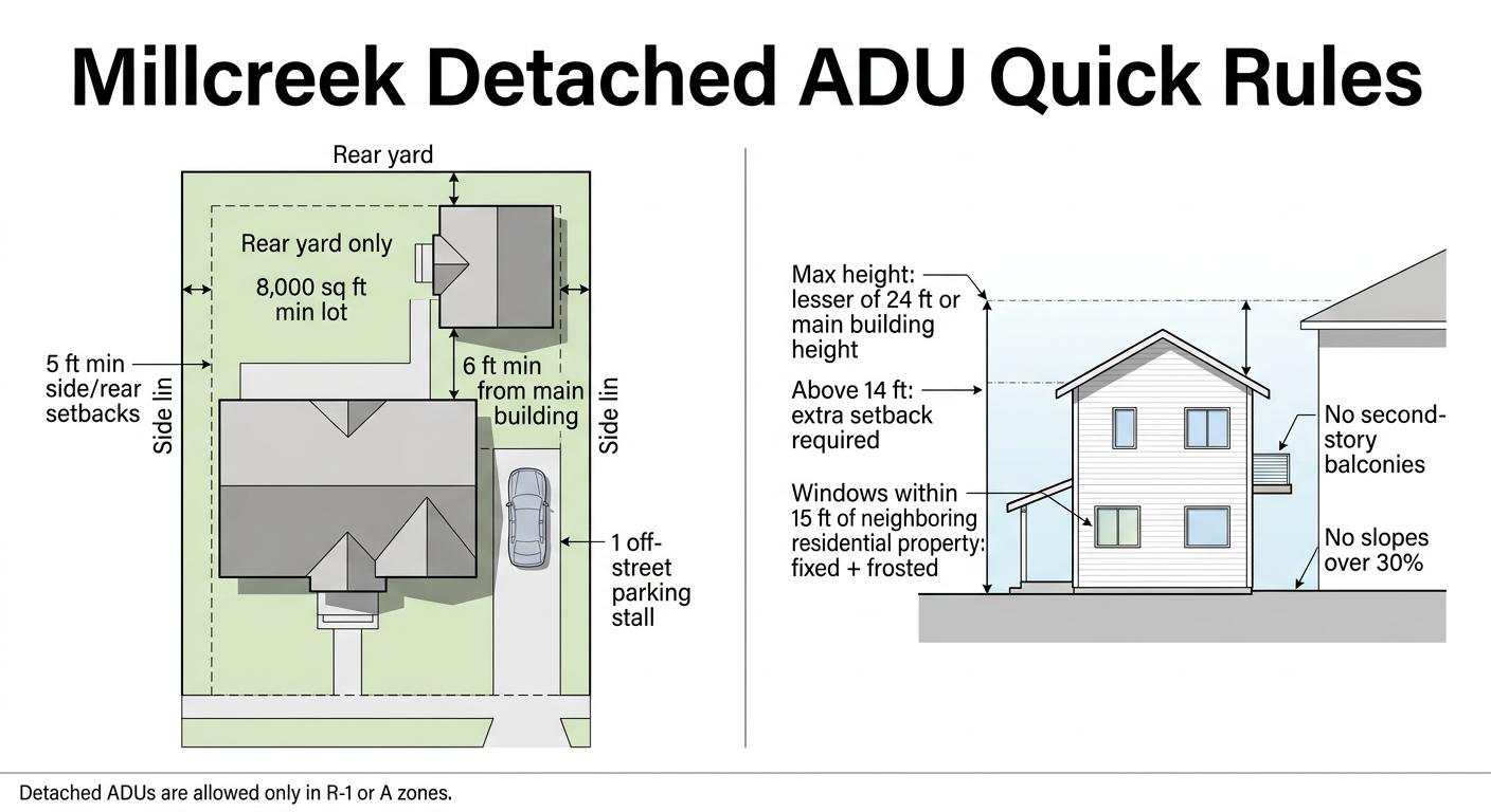 Millcreek Detached ADU Quick Rules diagram showing 5 ft minimum side and rear setbacks, 6 ft minimum from main building, rear yard only placement, 8,000 sq ft minimum lot, max height lesser of 24 ft or main building height, no second-story balconies, frosted windows within 15 ft of neighboring property