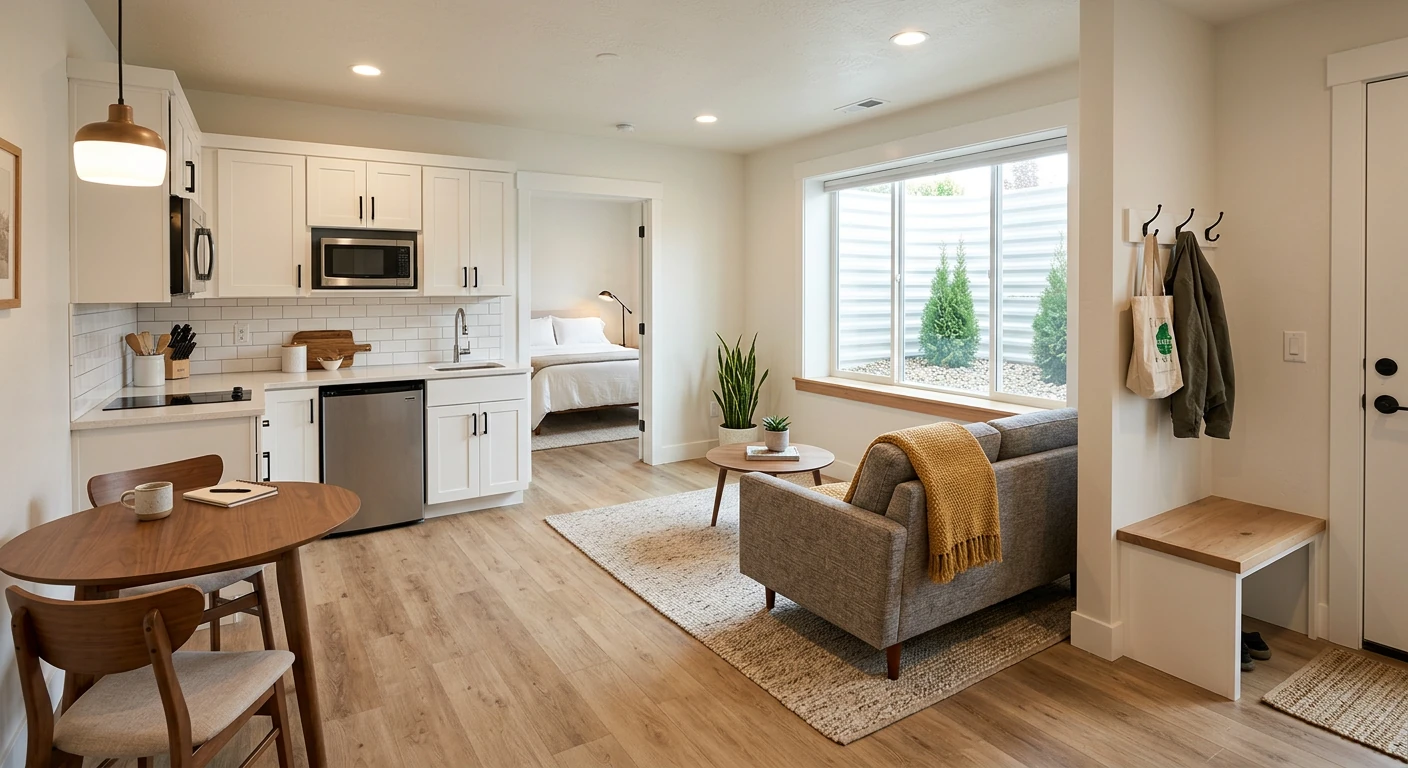 Beautifully finished Utah ADU interior — open-plan layout with white shaker kitchen cabinets, stainless appliances, hardwood floors, cozy living area with sofa, and view into bedroom, demonstrating the quality possible in a properly built accessory dwelling unit