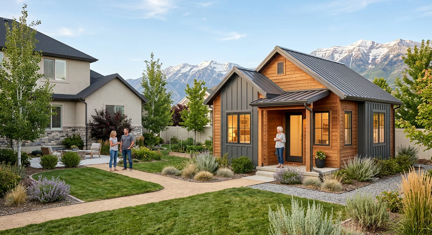 Multigenerational Utah family outside detached ADU — couple walking toward older woman at entrance of cedar-and-board-and-batten ADU cottage with snow-capped Wasatch Mountains at sunset, illustrating family housing use of accessory dwelling unit