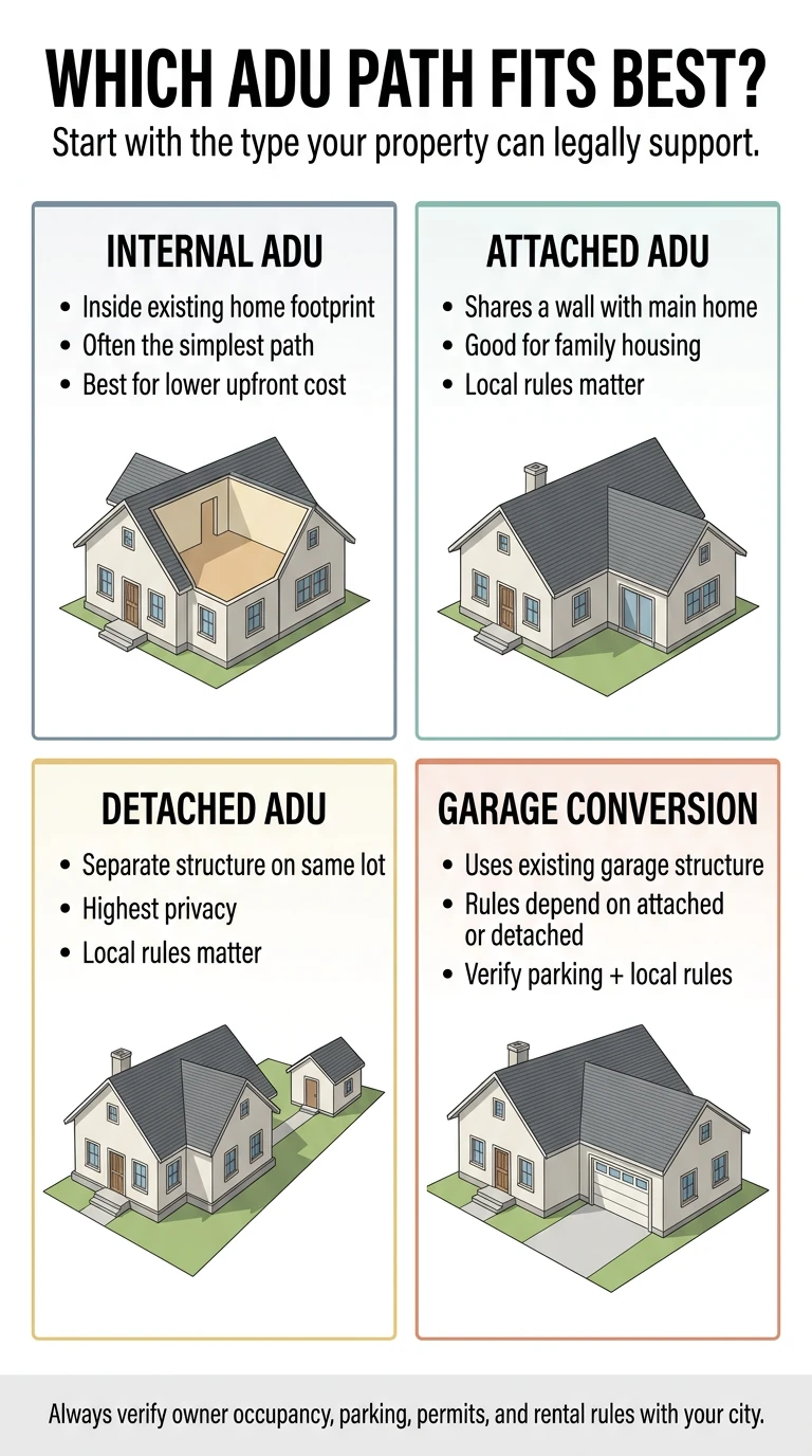 Which ADU Path Fits Best? Infographic — four options: Internal ADU (inside existing home footprint, simplest path, lower cost), Attached ADU (shares wall with main home, good for family housing), Detached ADU (separate structure, highest privacy), Garage Conversion (uses existing structure, verify parking and local rules). Always verify owner occupancy, parking, permits, and rental rules with your city.