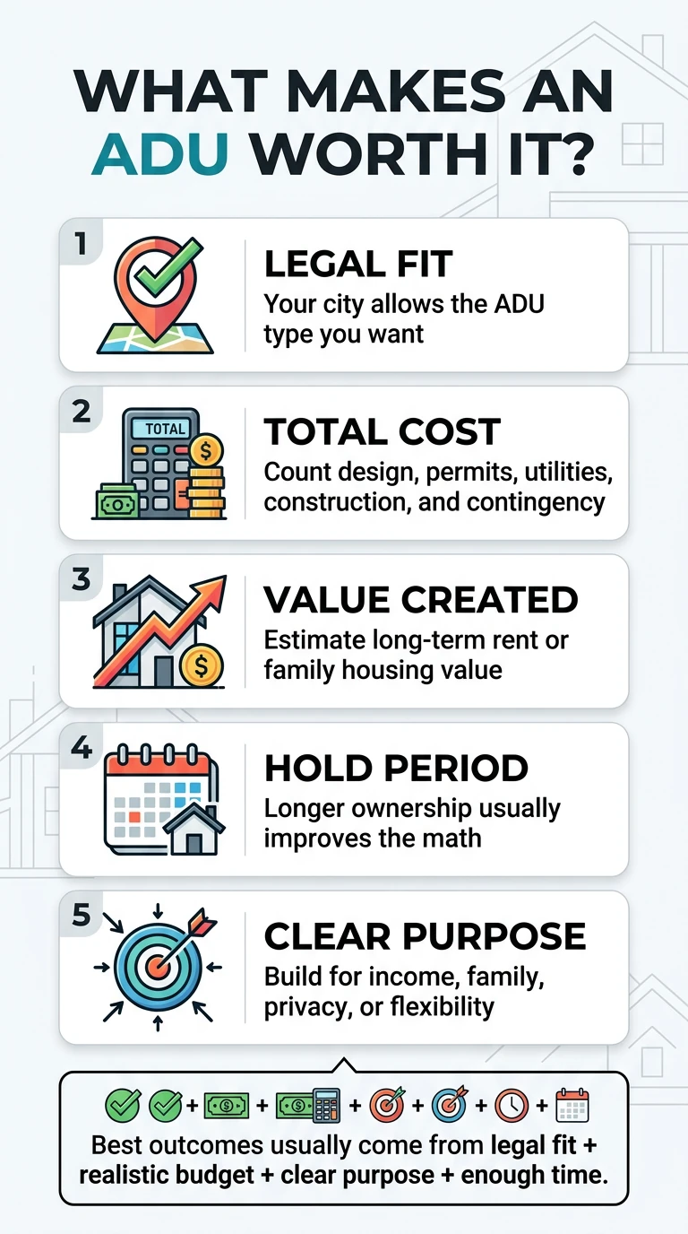 What Makes an ADU Worth It? Infographic — 5 factors: 1. Legal Fit (your city allows the ADU type you want), 2. Total Cost (design, permits, utilities, construction, contingency), 3. Value Created (long-term rent or family housing value), 4. Hold Period (longer ownership usually improves the math), 5. Clear Purpose (build for income, family, privacy, or flexibility). Best outcomes come from legal fit plus realistic budget plus clear purpose plus enough time.