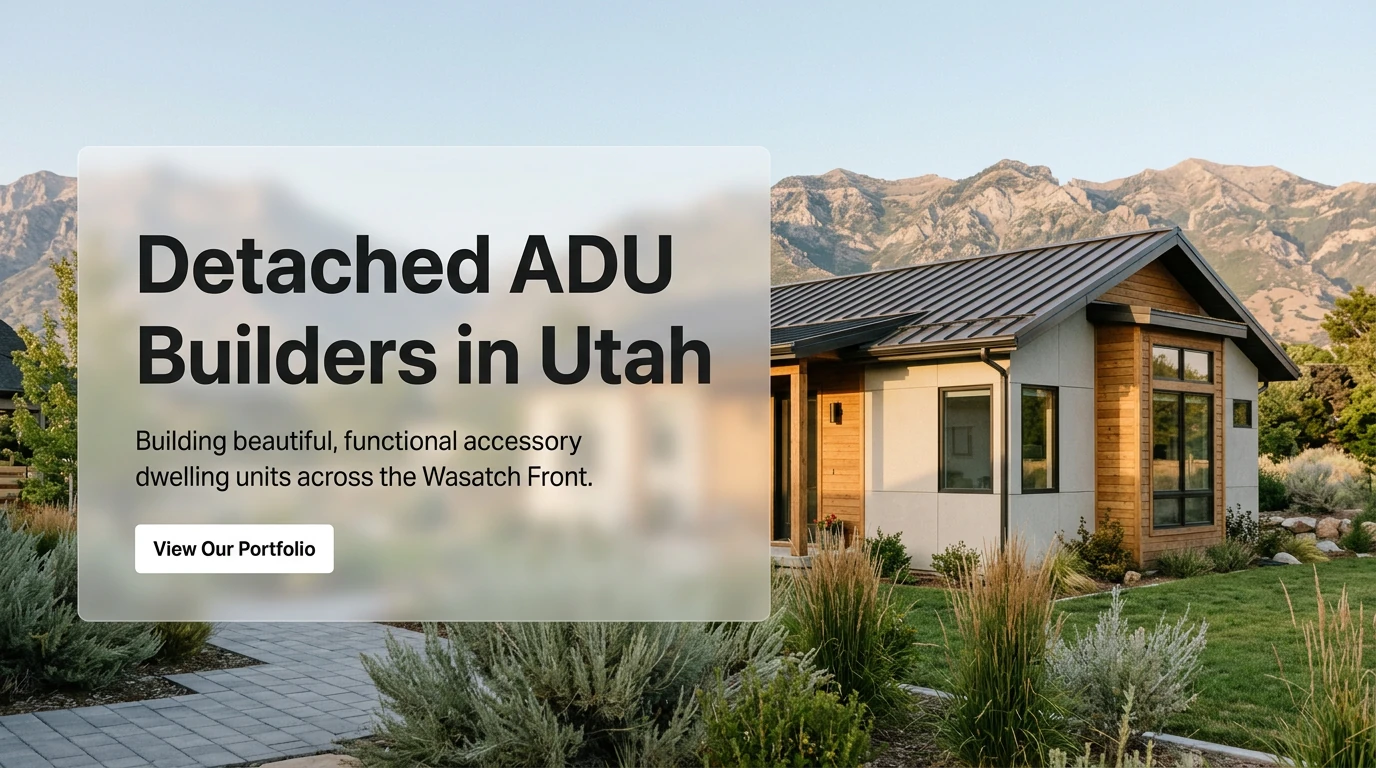 Detached ADU Builders in Utah — modern wood-and-metal-panel detached accessory dwelling unit with Wasatch Mountain backdrop, professional landscaping and stone paver driveway, illustrating high-quality detached ADU construction across the Wasatch Front