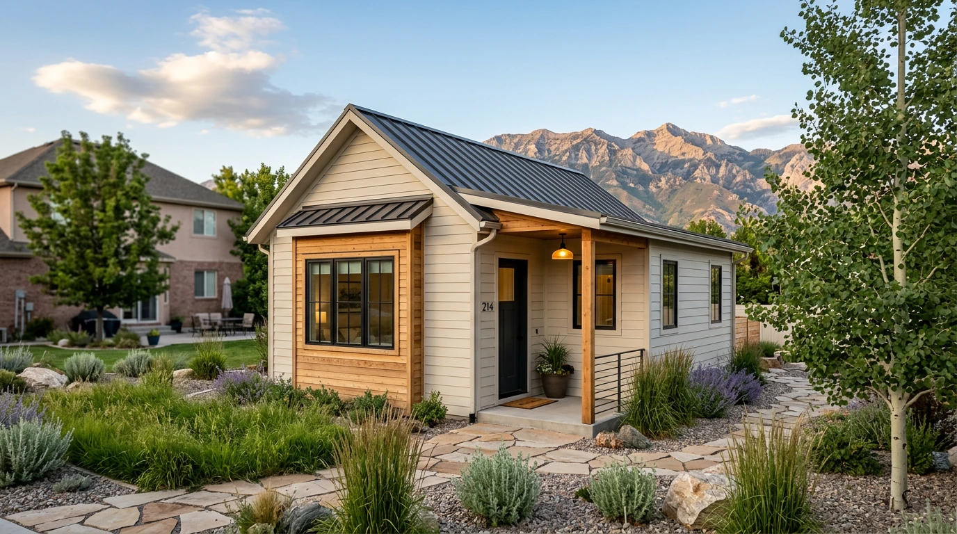 Newly completed Utah detached ADU exterior — farmhouse-style accessory dwelling unit with board-and-batten siding, metal roof, covered front porch, and number 214, surrounded by drought-tolerant landscaping with Wasatch Mountains in the background at golden hour