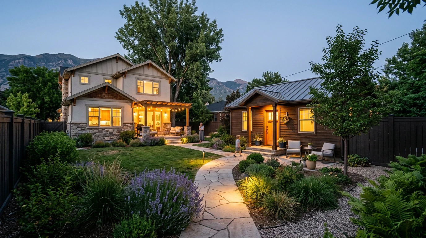Utah main house and detached ADU at dusk — craftsman-style primary home with warm lit windows and covered porch on left, connected by stone paver path through lush garden to a cedar-sided detached ADU cottage with orange-lit entrance on right, illustrating multigenerational living and income potential of a permitted detached accessory dwelling unit