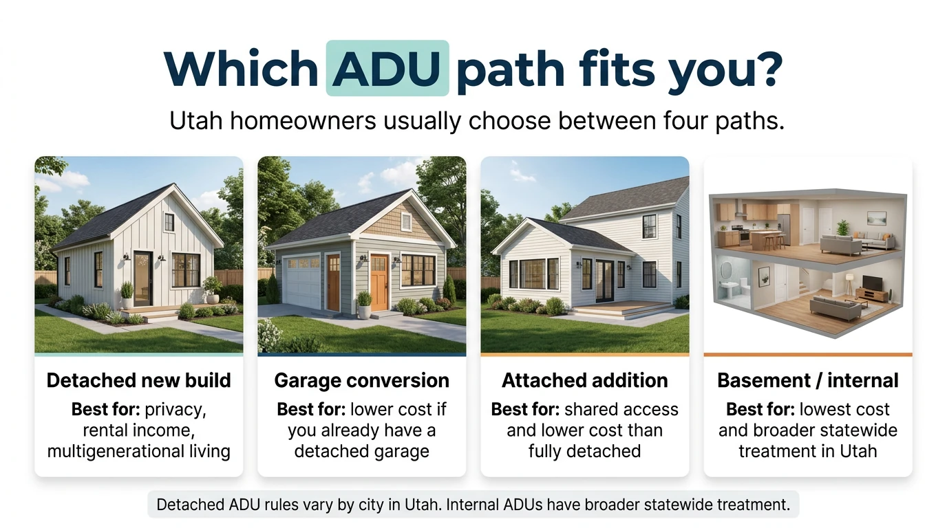 Which ADU path fits you? Infographic comparing four Utah ADU options — Detached new build (best for privacy, rental income, multigenerational living), Garage conversion (best for lower cost if you have a detached garage), Attached addition (best for shared access and lower cost than fully detached), Basement/internal ADU (best for lowest cost and broader statewide treatment in Utah)