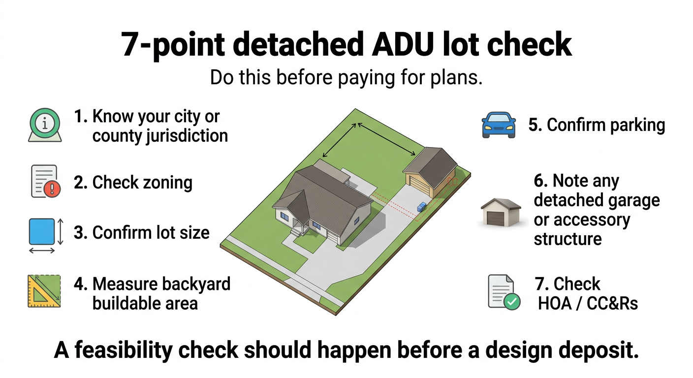 7-point detached ADU lot check infographic — do this before paying for plans: 1. Know your city or county jurisdiction, 2. Check zoning, 3. Confirm lot size, 4. Measure backyard buildable area, 5. Confirm parking, 6. Note any detached garage or accessory structure, 7. Check HOA/CC&Rs. A feasibility check should happen before a design deposit.