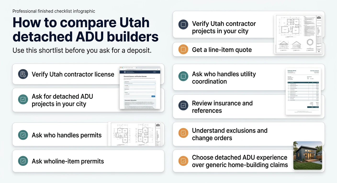 How to compare Utah detached ADU builders infographic — use this shortlist before you ask for a deposit: Verify Utah contractor license, Ask for detached ADU projects in your city, Ask who handles permits, Ask for line-item estimates, Verify contractor projects in your city, Get a line-item quote, Ask who handles utility coordination, Review insurance and references, Understand exclusions and change orders, Choose detached ADU experience over generic home-building claims