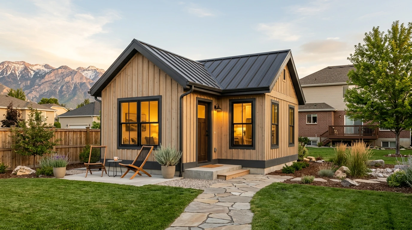 Modern Utah detached backyard ADU cottage at dusk — vertical cedar siding, black metal roof, large warmly lit windows, stone pathway through lush landscaping with Wasatch Mountains in background. This style of backyard ADU in Utah commands $1,400–$2,500 per month in long-term rental income.