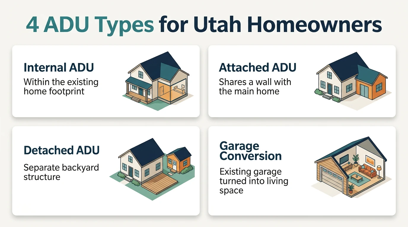 4 ADU Types for Utah Homeowners infographic — Internal ADU: within the existing home footprint; Attached ADU: shares a wall with the main home; Detached ADU: separate backyard structure; Garage Conversion: existing garage turned into living space. Each type has different rental income potential, build costs, and legal rules under Utah state and city ordinances.