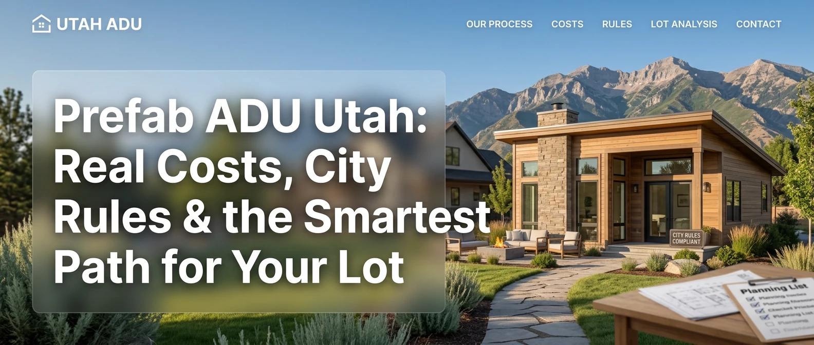 Prefab ADU Utah: Real Costs, City Rules and the Smartest Path for Your Lot — modern prefab backyard ADU in Utah residential neighborhood with Wasatch Mountains backdrop, city-rules-compliant planning documents in foreground. Illustrates the real installed cost and permitting process for prefab modular ADUs along the Wasatch Front.