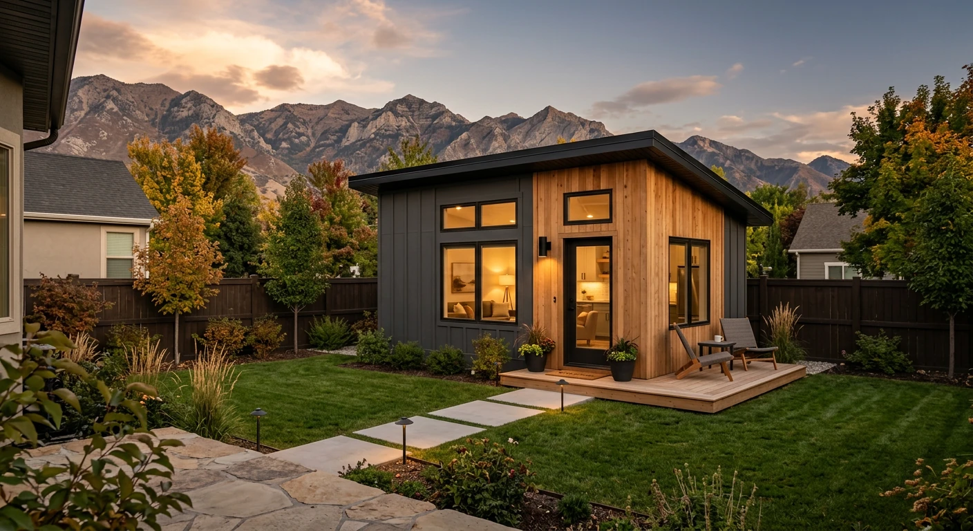 Modern prefab ADU installed in Utah residential backyard at sunset — cedar and dark-panel cladding, large black-frame windows, small deck, landscaped yard with stone pavers, mature trees, and Wasatch Mountains in background. Demonstrates ideal prefab ADU conditions: flat lot, good side access, short utility runs, and spacious backyard with adequate setback from fence line.