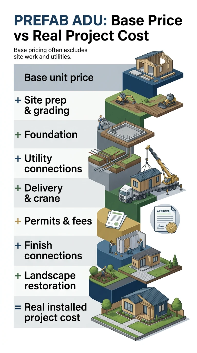 Prefab ADU: Base Price vs Real Project Cost infographic — stacked cost waterfall showing how base unit price (what the brochure shows) grows with site prep and grading, foundation, utility connections, delivery and crane, permits and fees, finish connections, and landscape restoration to equal real installed project cost. Utah homeowners must budget for all these layers, not just the factory price.