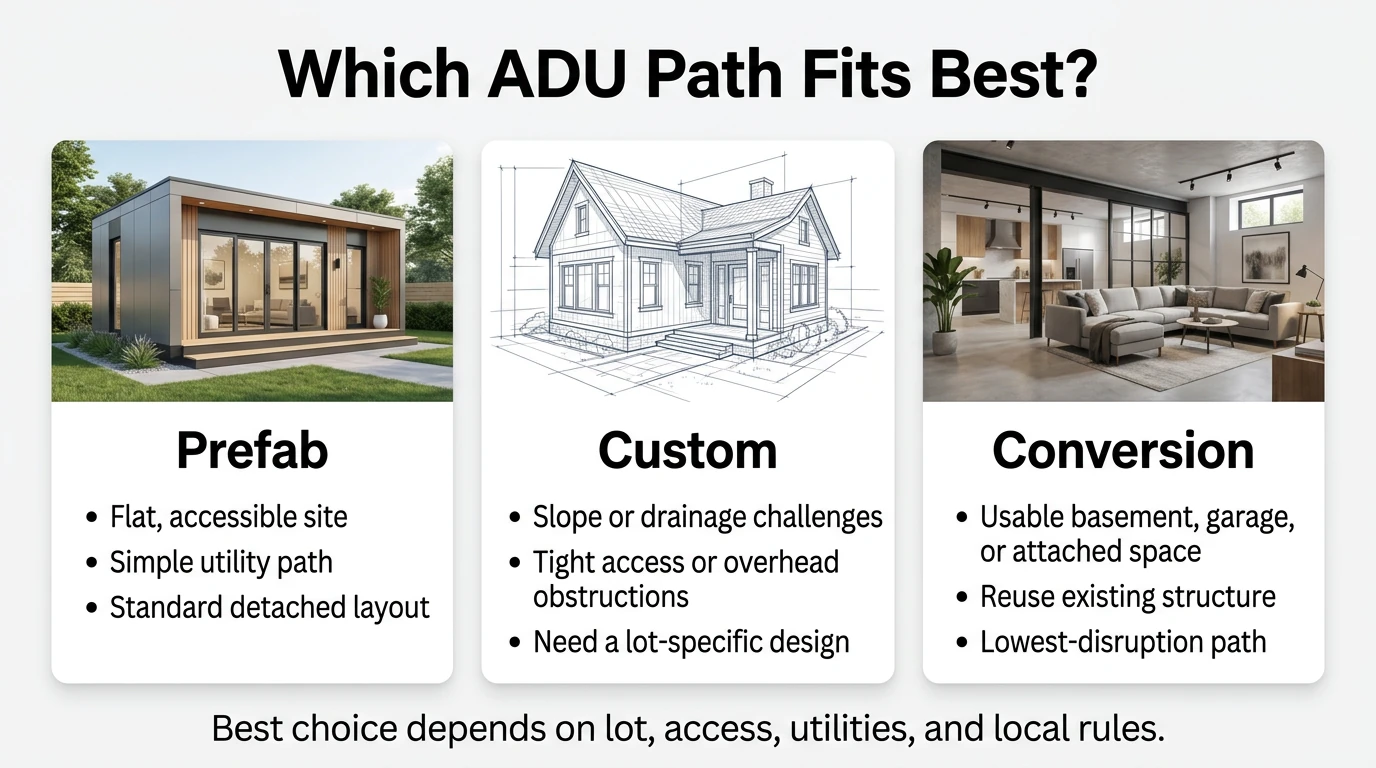 Which ADU Path Fits Best? — Three-column comparison infographic for Utah homeowners: Prefab (flat accessible site, simple utility path, standard detached layout), Custom (slope or drainage challenges, tight access or overhead obstructions, need a lot-specific design), and Conversion (usable basement/garage/attached space, reuse existing structure, lowest-disruption path). Best choice depends on lot, access, utilities, and local rules.