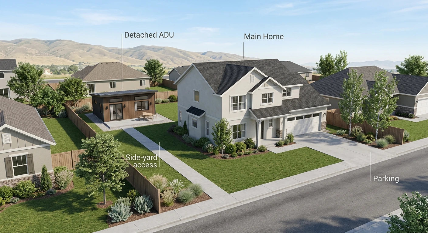 Utah residential lot aerial diagram showing detached ADU placement in backyard with side-yard access path, parking on street, and main home — illustrating key site considerations for prefab ADU delivery in Utah neighborhoods: lot width for crane access, setback requirements, parking requirements, and utility connection distance from main house.