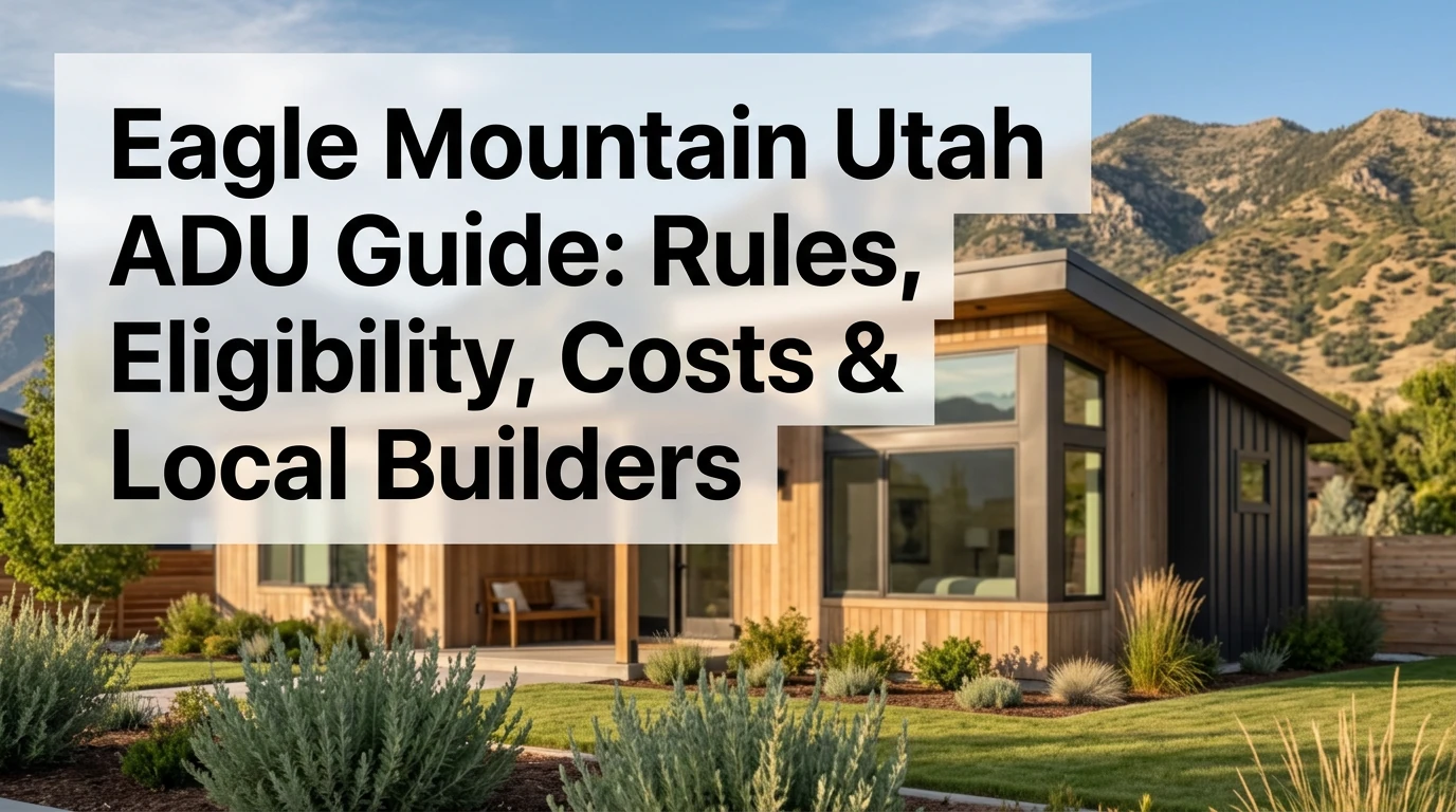 Eagle Mountain Utah ADU Guide: Rules, Eligibility, Costs and Local Builders — modern ADU cottage with wood and stone cladding, flat roof, large windows, and desert mountain backdrop. Illustrates the type of accessory dwelling unit permitted under Eagle Mountain Municipal Code Chapter 17.70 in Eagle Mountain, Utah County.