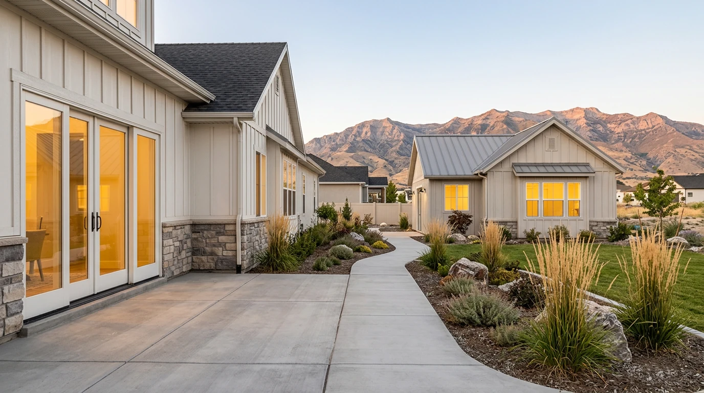 Eagle Mountain, Utah residential neighborhood at dusk showing main home and detached ADU cottage with board-and-batten siding, metal roof, stone accents, and Wasatch Mountain backdrop — illustrating the type of detached accessory dwelling unit permitted on 8,000+ sq ft lots in Eagle Mountain under EMMC 17.70.
