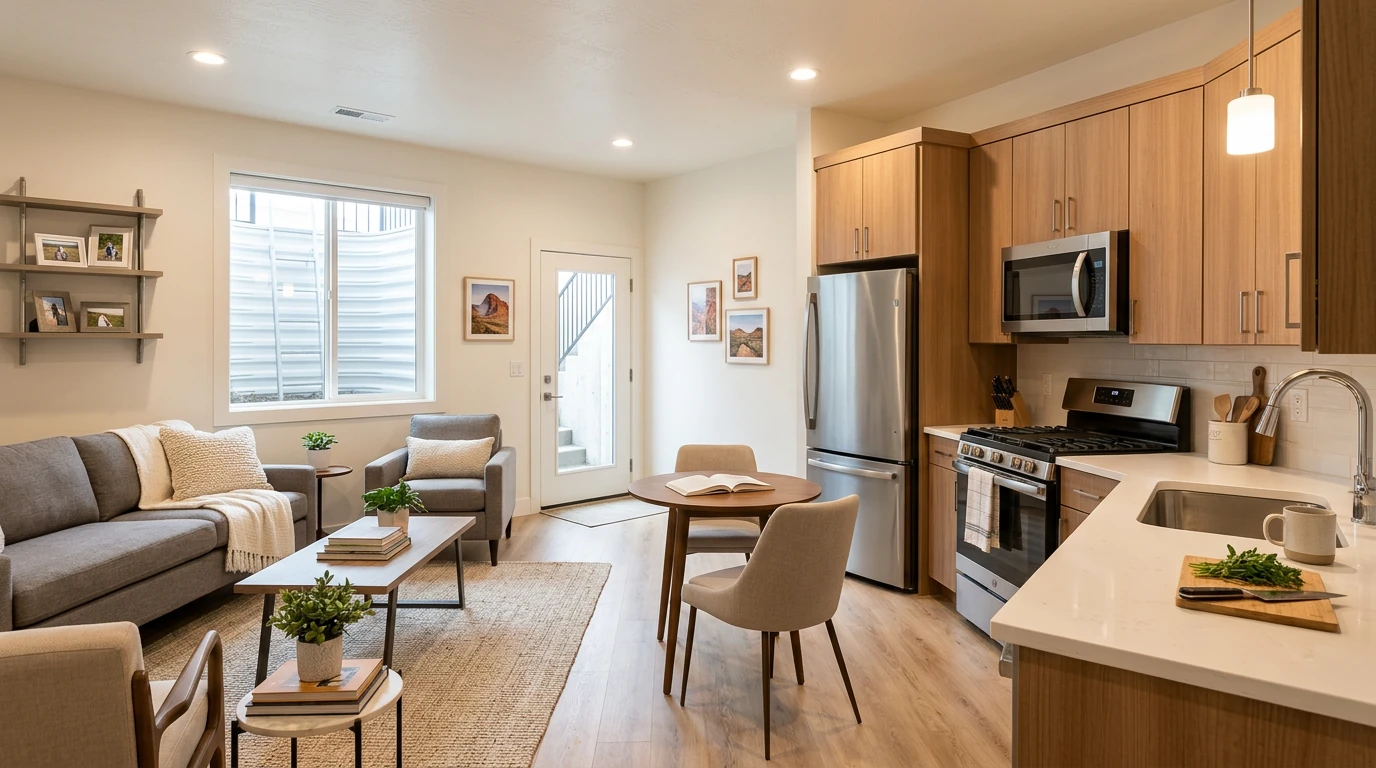 Modern Eagle Mountain ADU interior showing open-plan living room, dining area, and full kitchen with stainless steel appliances, wood cabinets, quartz countertops, and hardwood floors — representative of the 1-bedroom ADU-style units renting for $800-$1,100/month in Eagle Mountain, Utah County's growing rental market.