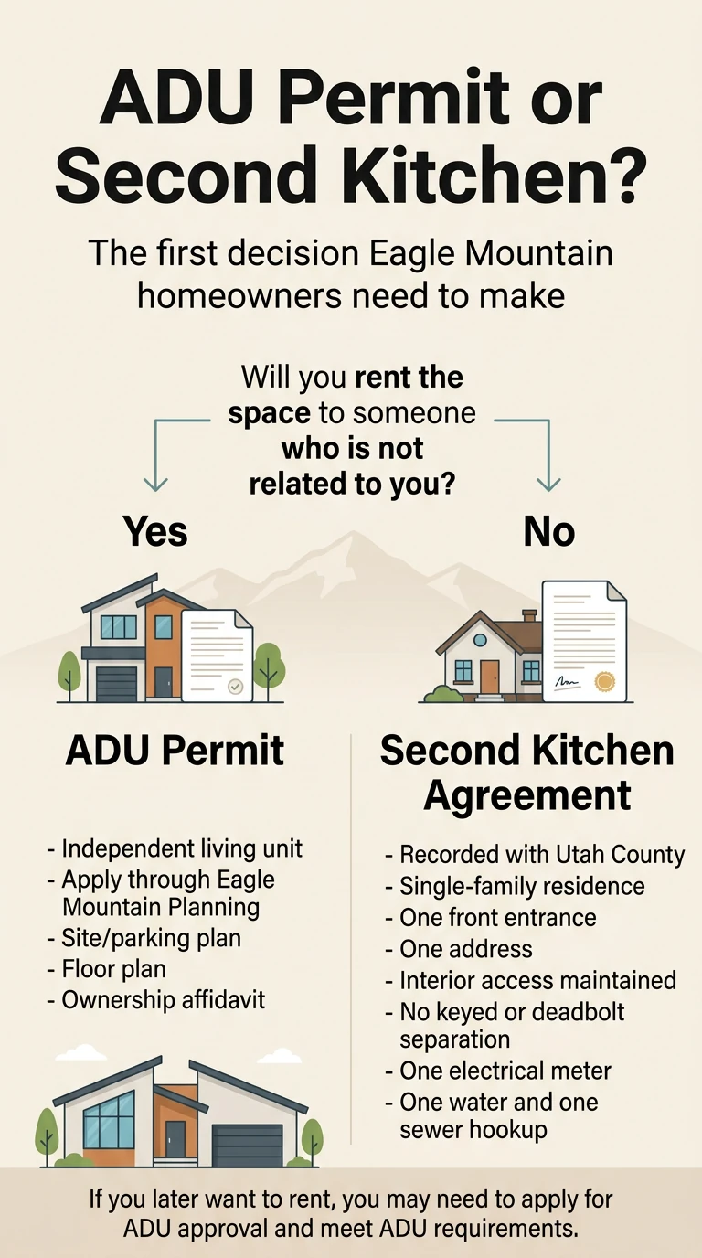 Eagle Mountain ADU Permit or Second Kitchen Agreement decision chart — infographic showing the two paths Eagle Mountain homeowners must choose: if renting to non-family, you need a full ADU permit (independent living unit, apply through Eagle Mountain Planning, site plan, floor plan, ownership affidavit); if family use with no rental, a second-kitchen agreement recorded with Utah County (single-family residence, one front entrance, interior access maintained, no keyed separation, one electrical meter, one water and sewer hookup). Note: if you later want to rent, you may need to apply for ADU approval.