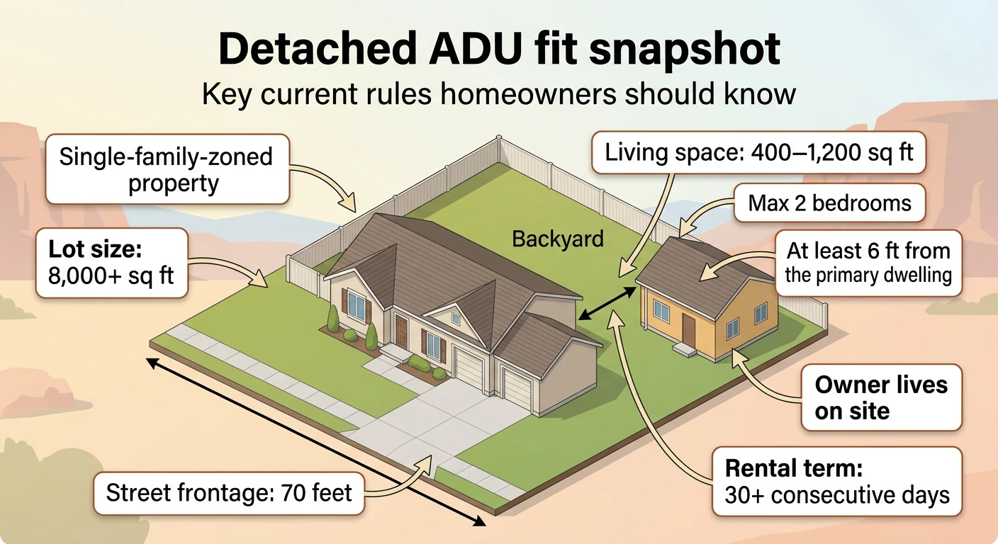 Detached ADU fit snapshot — diagram showing key Eagle Mountain rules for detached accessory dwelling units: single-family-zoned property required, lot size 8,000+ sq ft, street frontage 70 feet, living space 400-1,200 sq ft, maximum 2 bedrooms, at least 6 ft from primary dwelling, owner lives on site (required), rental term 30+ consecutive days minimum. Illustrates how EMMC 17.70 requirements apply to a typical Eagle Mountain residential lot.