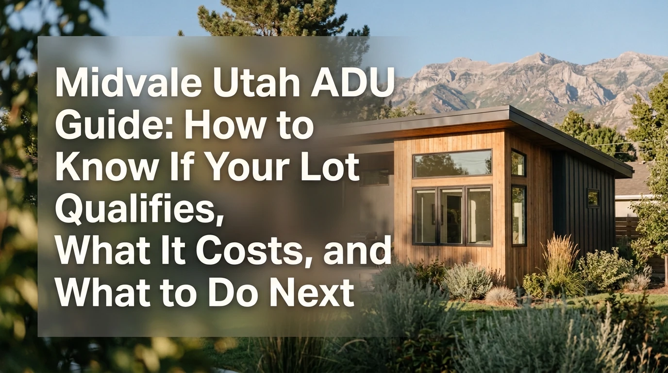 Midvale Utah ADU Guide: How to Know If Your Lot Qualifies, What It Costs, and What to Do Next — a modern detached backyard ADU cottage with wood siding and a shed-style metal roof set against the Wasatch Mountains in Midvale, Utah, representing the type of external accessory dwelling unit (EADU) permitted on qualifying single-family lots under Midvale Municipal Code Title 17.