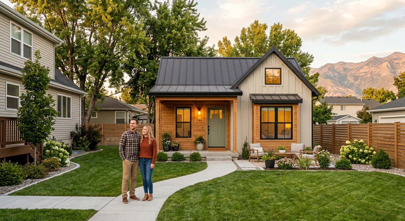A couple standing in front of their newly completed detached backyard ADU cottage in Midvale, Utah — a white and cedar board-and-batten farmhouse-style structure with a black metal standing-seam roof, warm-lit interior, covered front porch, and mature landscaping surrounding it, with the Wasatch Mountains in the background at sunset.