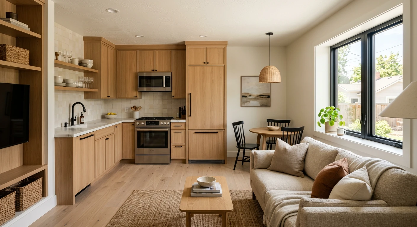 Modern Midvale ADU interior showing an open-plan kitchen and living area with light oak cabinets, Bosch stainless steel appliances, quartz countertops, light hardwood floors, a beige linen sofa, woven rug, and large black-framed windows — representative of a well-finished internal or detached ADU generating rental income in the Midvale, Utah market.
