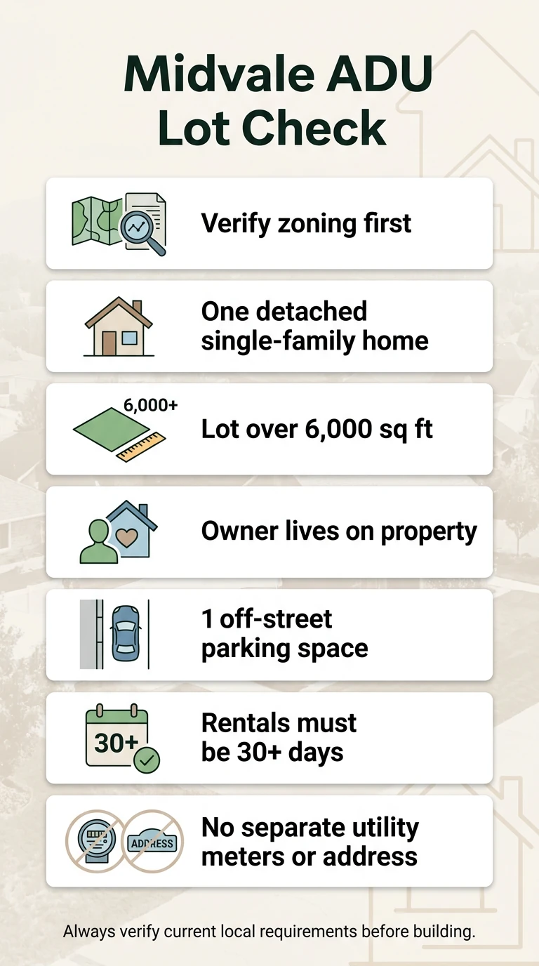 Midvale ADU Lot Check infographic — 7 required steps to qualify for a Midvale ADU: verify zoning first, one detached single-family home, lot over 6,000 sq ft, owner lives on property, 1 off-street parking space, rentals must be 30+ days, no separate utility meters or address. Always verify current local requirements before building.
