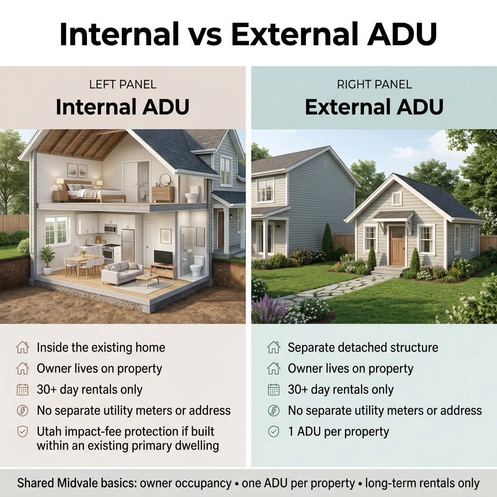 Internal vs External ADU comparison infographic for Midvale, Utah — Left panel: Internal ADU (inside the existing home, owner lives on property, 30+ day rentals only, no separate utility meters or address, Utah impact-fee protection if built within an existing primary dwelling). Right panel: External ADU (separate detached structure, owner lives on property, 30+ day rentals only, no separate utility meters or address, 1 ADU per property). Shared Midvale basics: owner occupancy, one ADU per property, long-term rentals only.