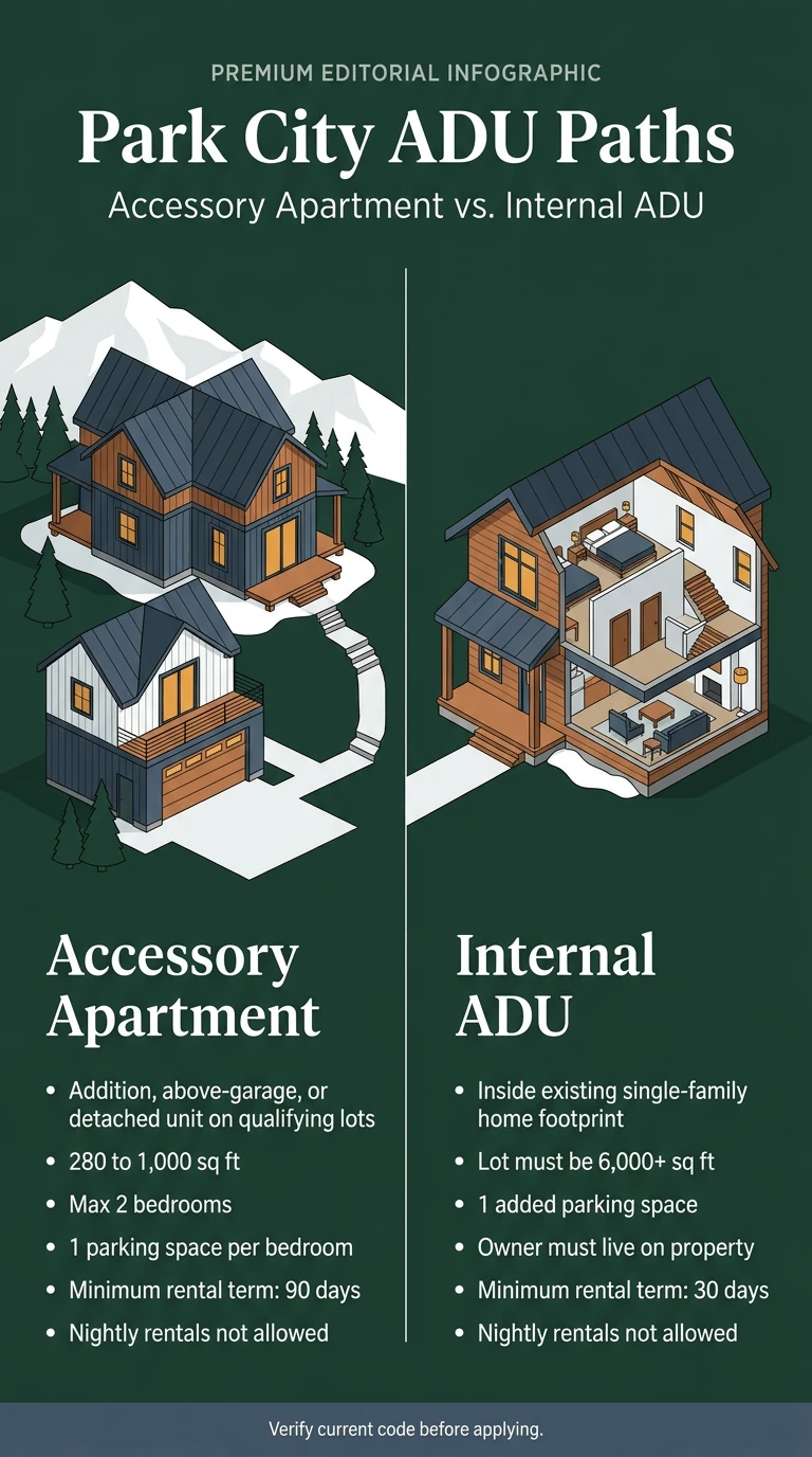 Park City ADU Paths infographic — Accessory Apartment vs Internal ADU side-by-side comparison showing key rules and requirements