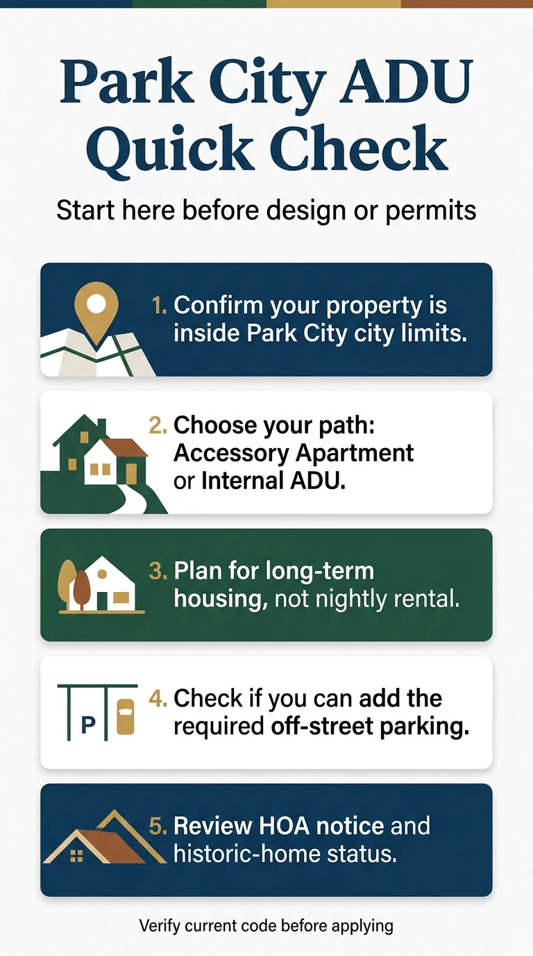 Park City ADU Quick Check infographic — 5-step checklist before design or permits: confirm city limits, choose code path, plan for long-term housing, check parking, review HOA
