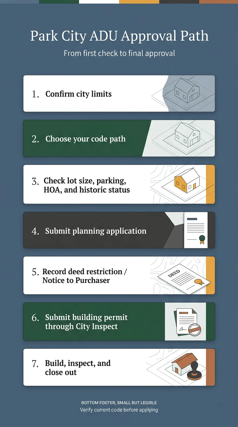 Park City ADU Approval Path infographic — 7 steps from city limits confirmation through building permits to final inspection and move-in