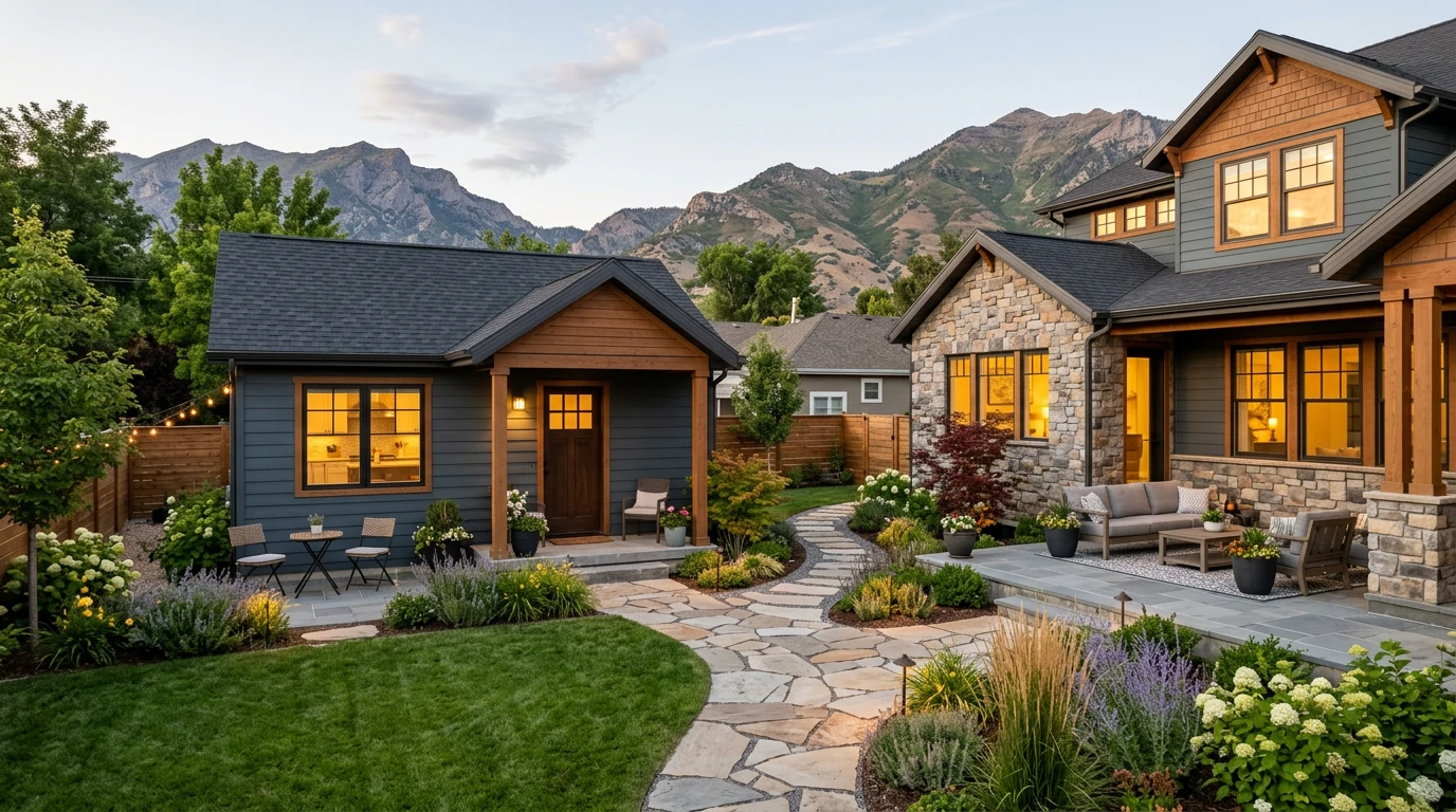 Utah backyard cottage — detached ADU alongside a main home in a Wasatch Front neighborhood at dusk