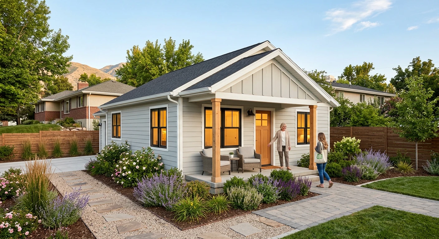 Utah backyard cottage — finished detached ADU with porch, landscaping, and mountain backdrop in the Wasatch Front