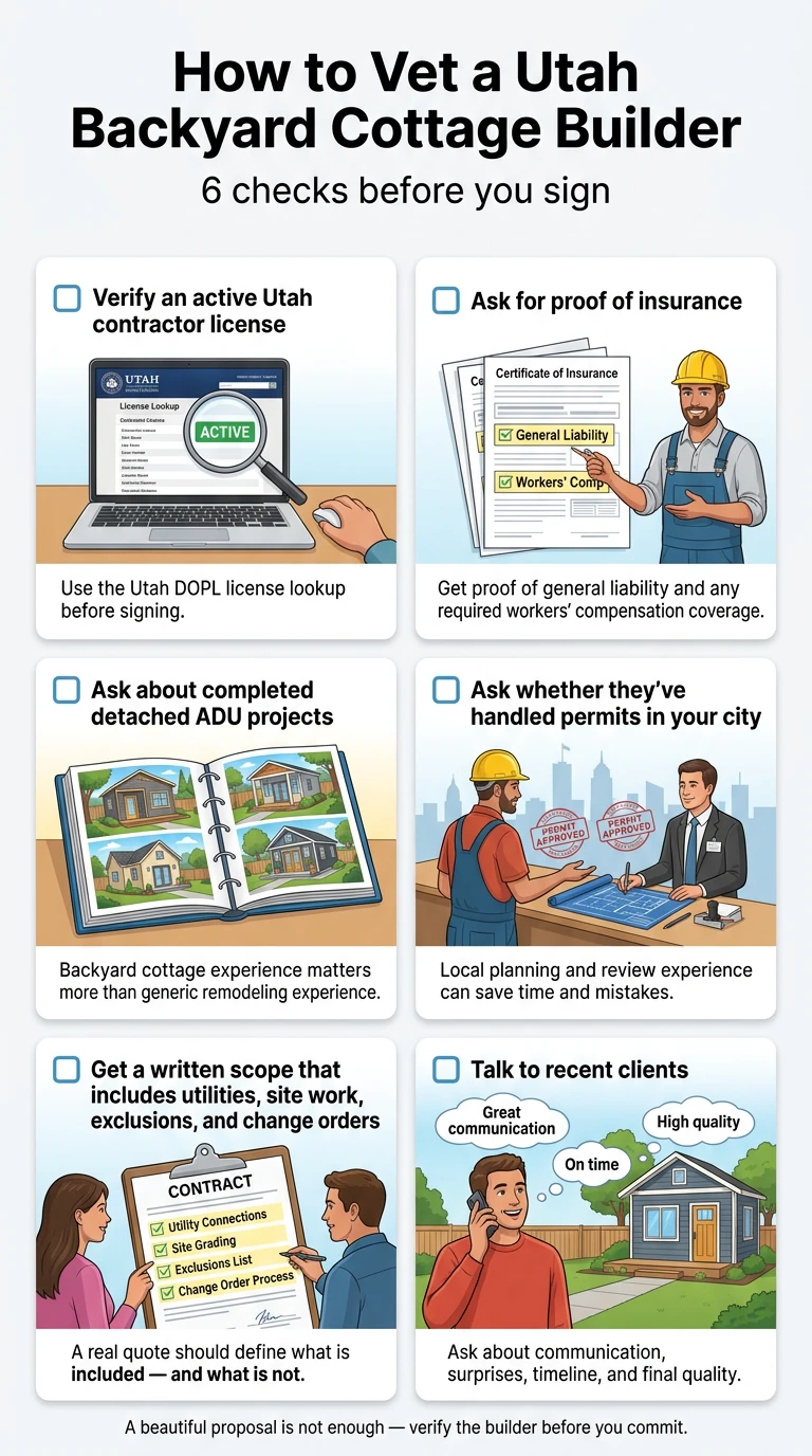How to vet a Utah backyard cottage builder — 6 checks before you sign: license, insurance, ADU experience, permit history, written scope, references