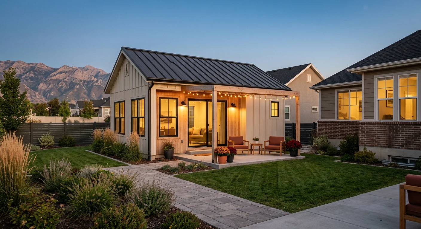 Utah guest house exterior at dusk — completed detached ADU with patio lights, landscaping, and mountain backdrop