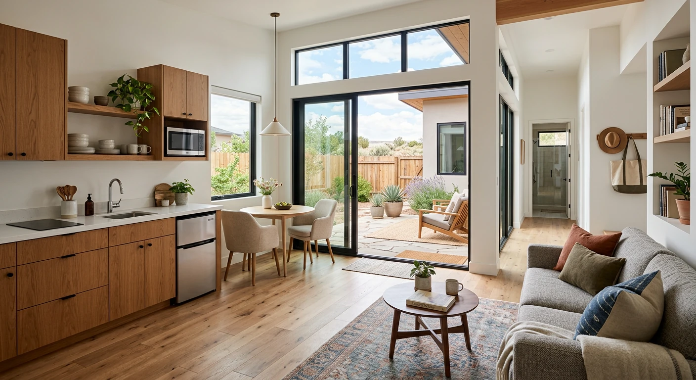 Utah guest house interior — open plan kitchen, living, and dining area with high ceilings, natural light, and outdoor patio access