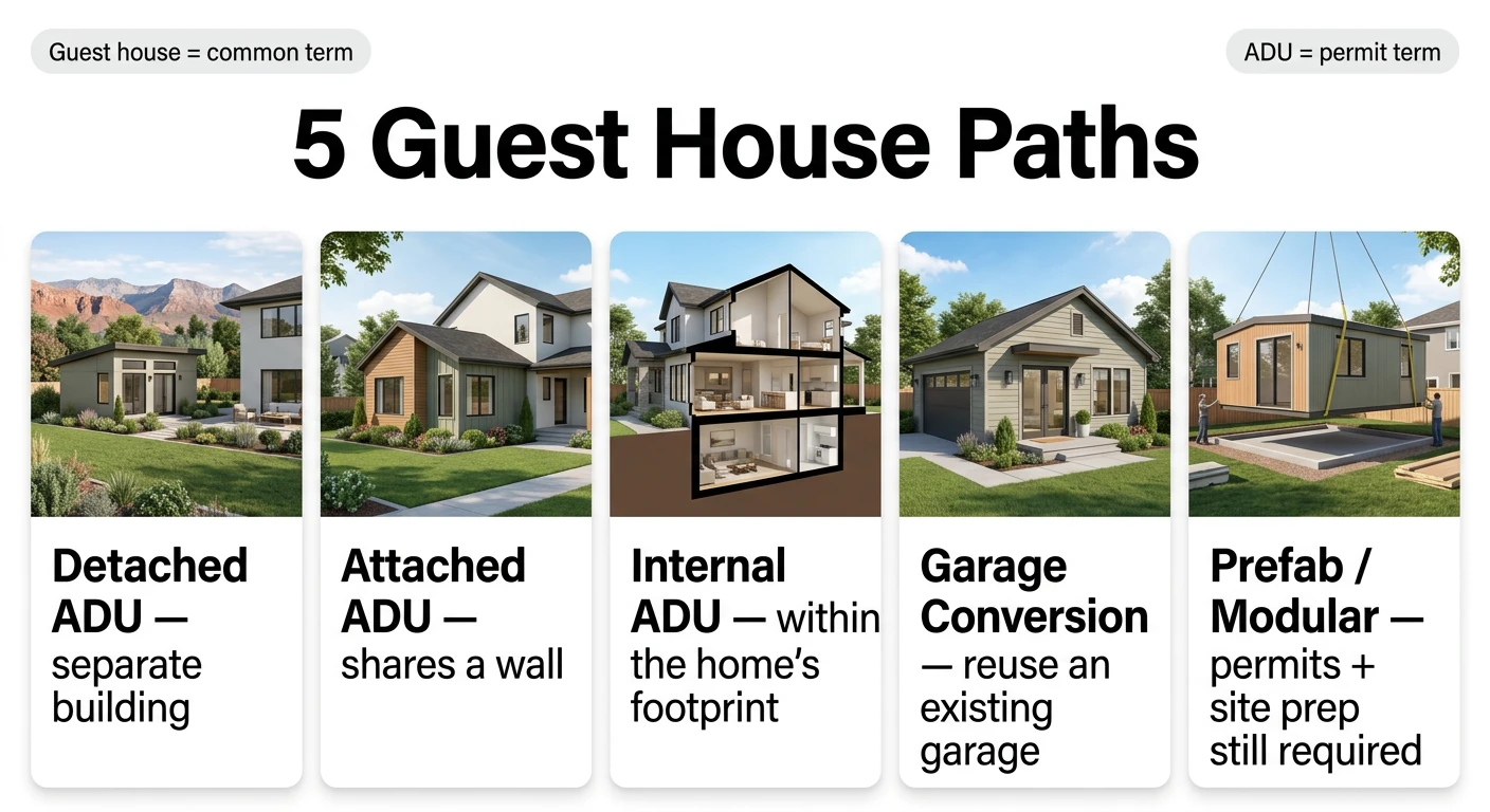 5 Utah guest house paths: detached ADU, attached ADU, internal ADU, garage conversion, prefab modular — with permit requirements for each