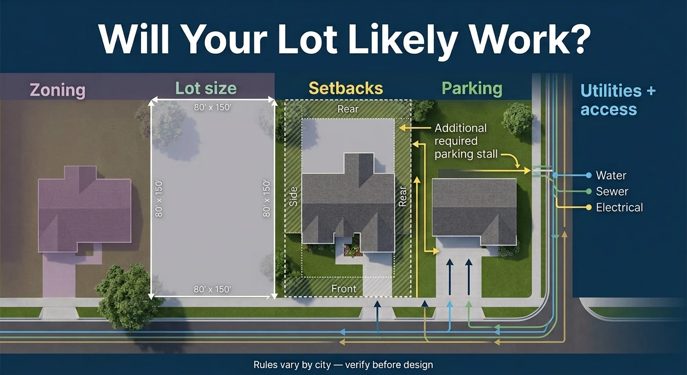 Will your lot work for a Utah guest house? Diagram showing zoning, lot size, setbacks, parking, and utility access requirements