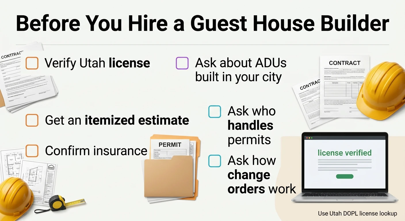 Before you hire a Utah guest house builder — checklist: verify license, get itemized estimate, confirm insurance, ask about ADUs in your city, who handles permits, change order process